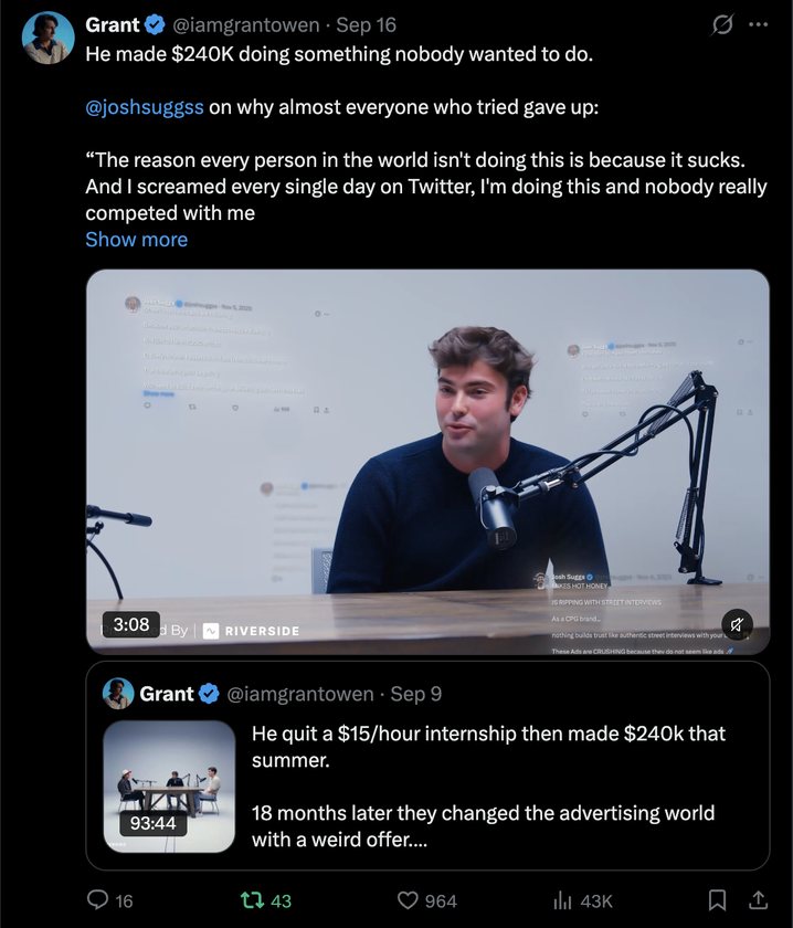 Grant Owen post about Josh Suggs with 43K views